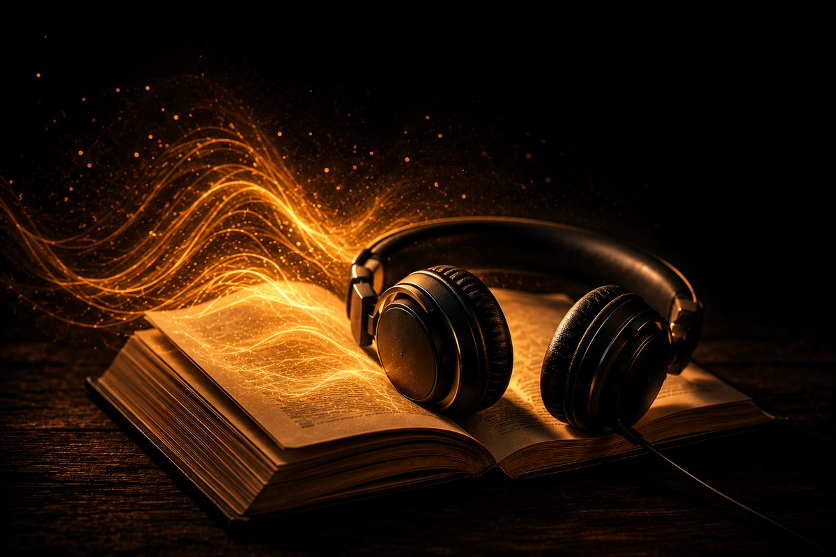 Headphones resting on an open book with a soft amber glow