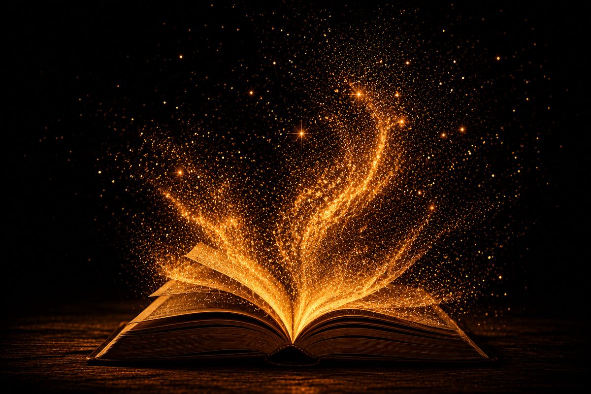 A book dissolving into rising glowing particles