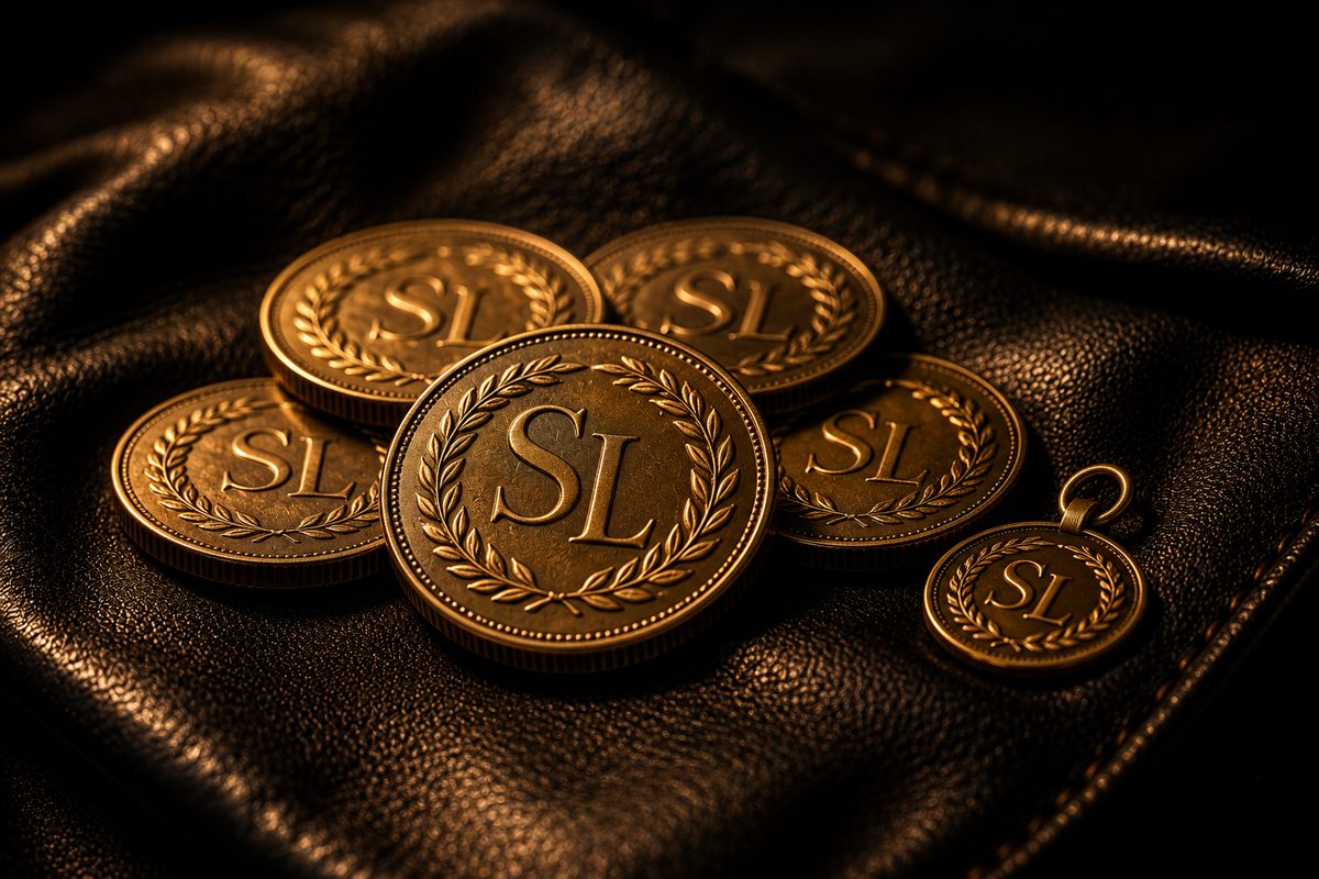 Minted gold coins and a small medal on a dark desk