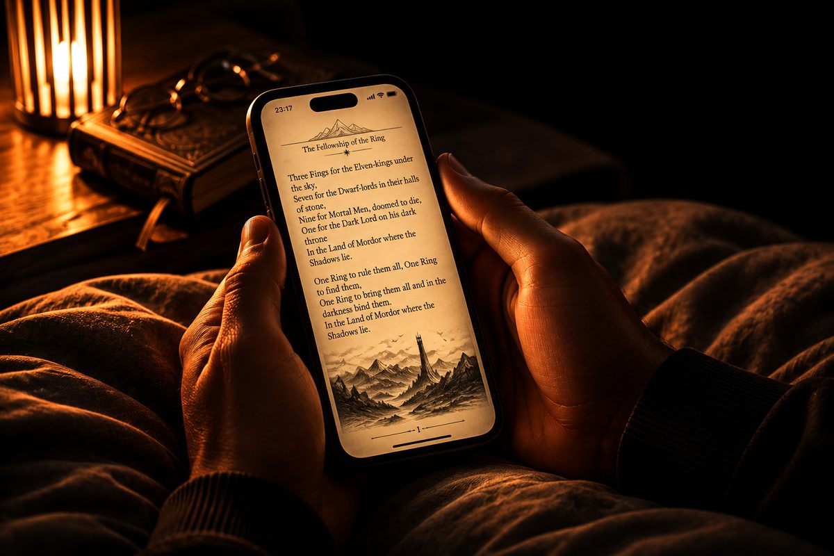 Hands holding a phone reading at night by warm lamp light