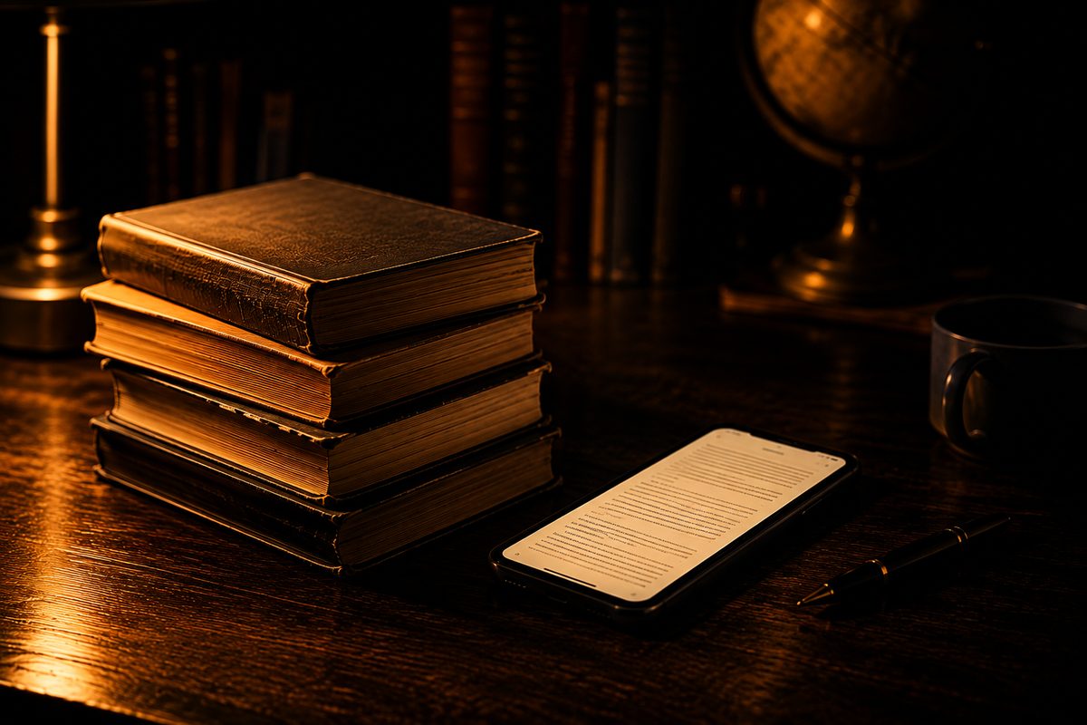 Stack of paper books beside a phone showing an ebook page