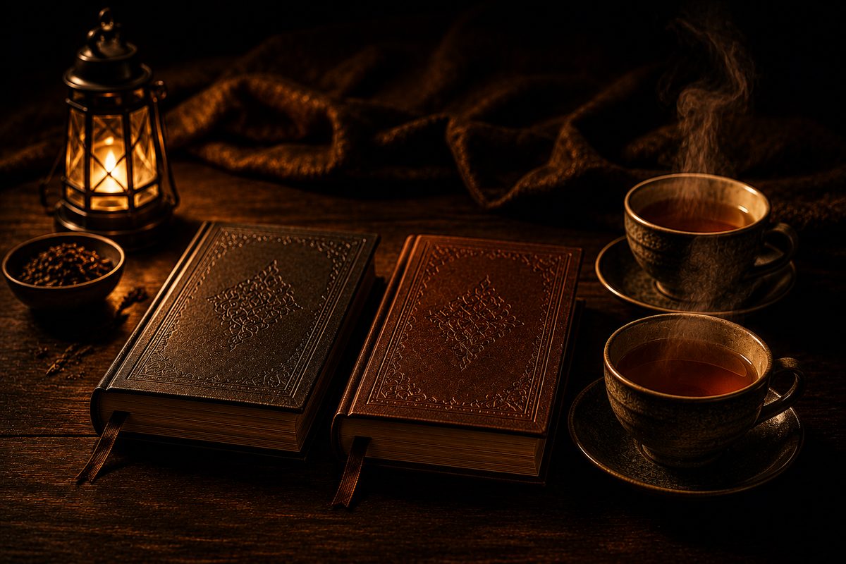 Two books and two cups of tea side by side